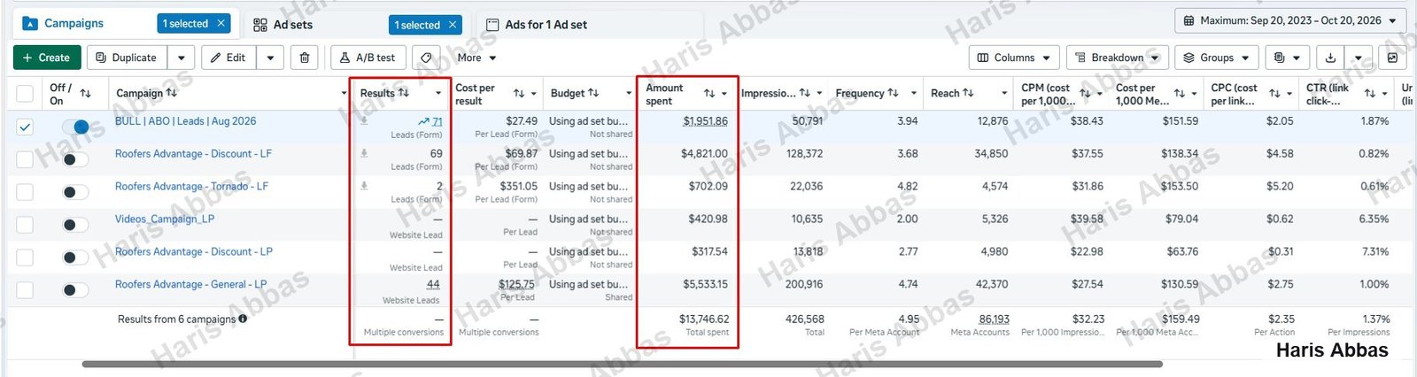 Live platform screenshot, ROOFING / USA, $27.49 PER LEAD